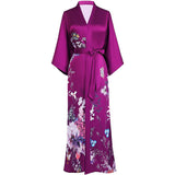Women's Long Purple Silk Kimono Robe with Sash Colorful Blossoms and Butterflies Paints All Sizes