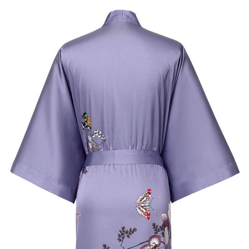 Women's Long Purple Silk Kimono Robe with Sash Colorful Blossoms and Butterflies Paints All Sizes - slipintosoft