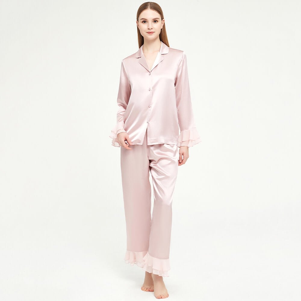 Womens Long Silk Pajamas Set ruffled Luxury Silk Sleepwear - slipintosoft