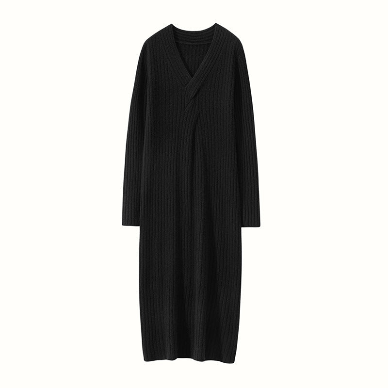 Women's Long Sleeve Cashmere Dress Cable-Knitted Midi Dresses - slipintosoft