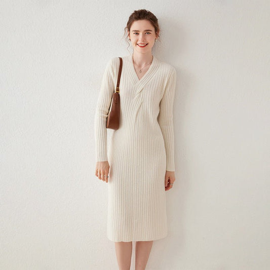 Women's Long Sleeve Cashmere Dress Cable-Knitted Midi Dresses - slipintosoft