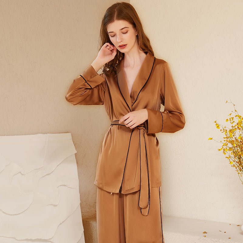 Autumn Women's pajamas set Poker Pattern Sleepwear Brown Color Long-sleeved  Silk Like Nightie Luxury Home Clothes Nightwear Set