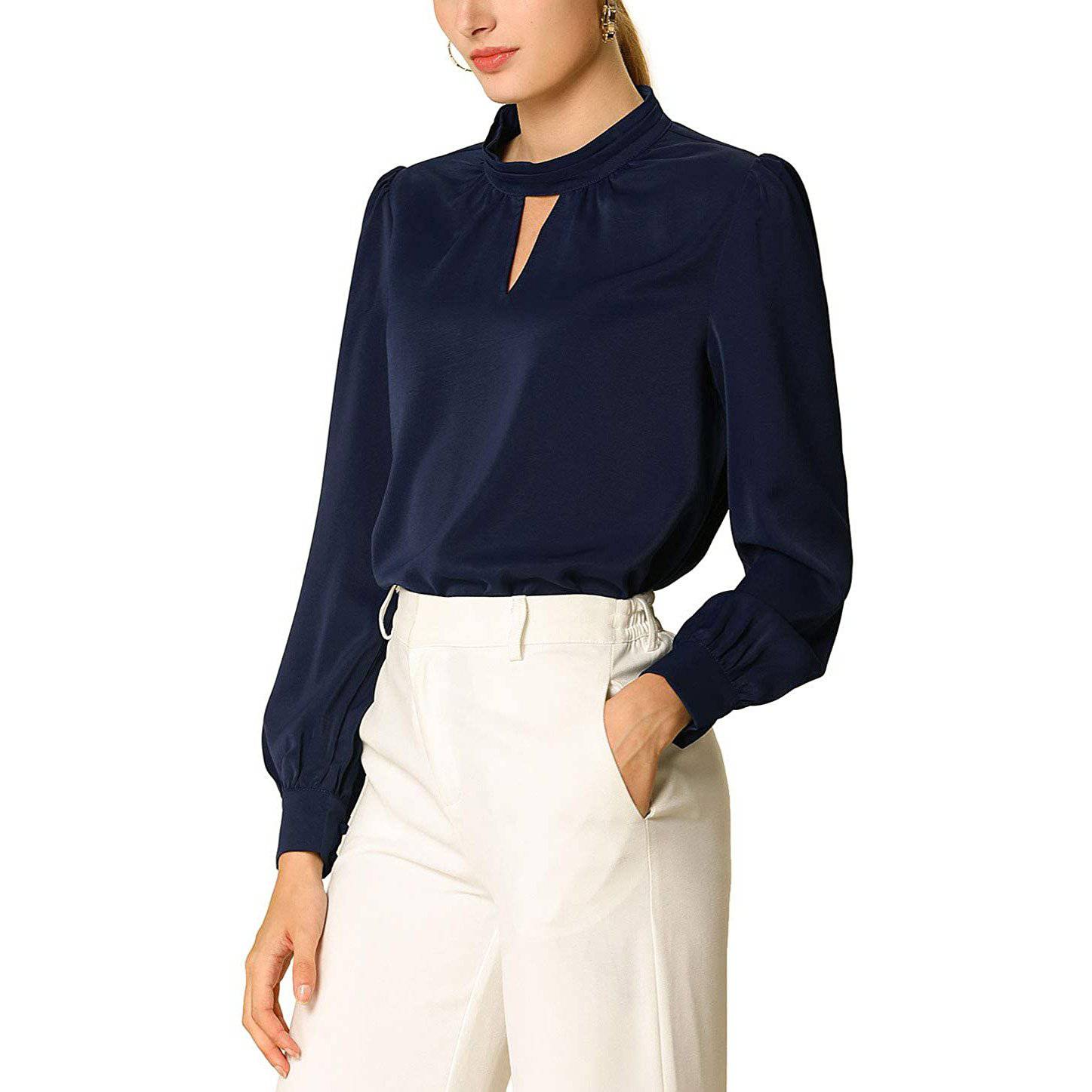 Women's Blouses Elegant Plain Top Stand Collar Fake Buttons Long Sleeve  Blue S