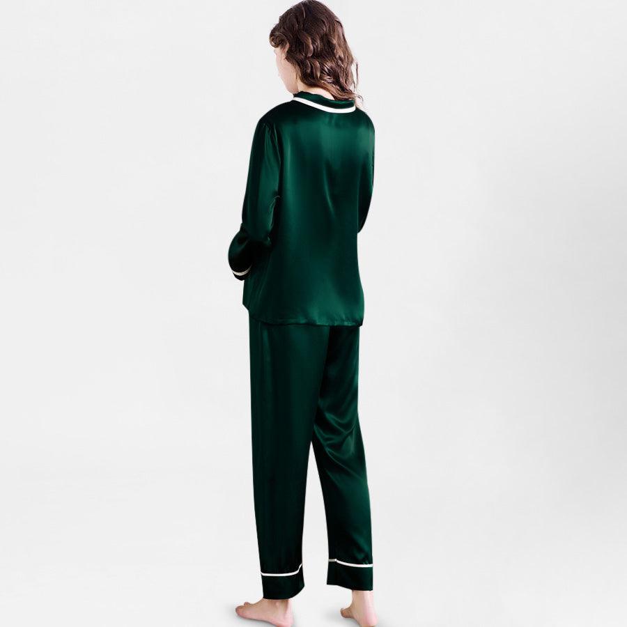 Women's Piped Dark Green Long Silk Pajamas Set - slipintosoft