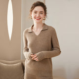 Women's Polo Neck Cashmere Sweater V Necked Rib-knit Cashmere Pullover - slipintosoft