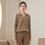Women's Polo Neck Cashmere Sweater V Necked Rib-knit Cashmere Pullover - slipintosoft