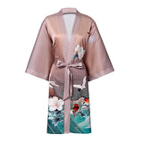 Women's Short Pink Silk Kimono Robe with Sash Blossoms & Birds Paints Silk Nightwear All Sizes - slipintosoft