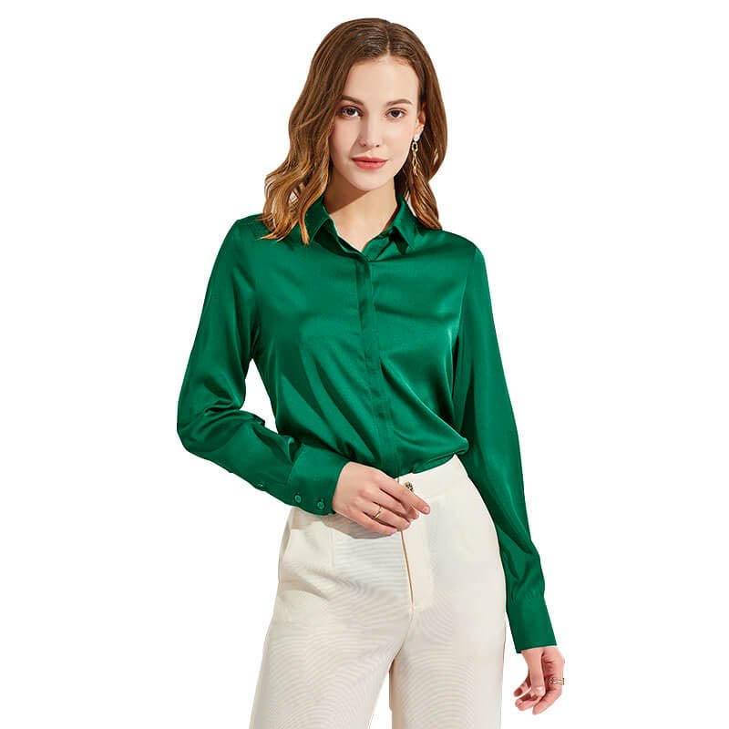 Women Silk Satin Office Comfy Tops Fashion Shirt Deep V-Neck Long Sleeve  Blouse