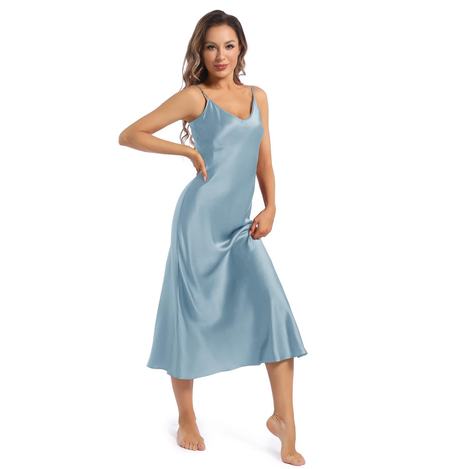 Women's Silk Nightgown Full Length Ladies Nightdress V Necked Long Sil