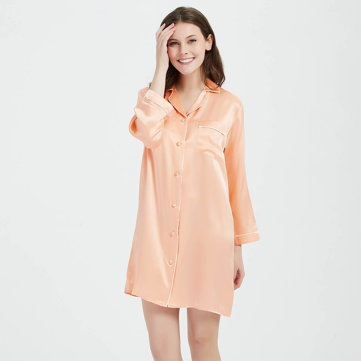 Womens Silk Sleep Shirt Silk Long Sleeve Nightshirt Button Down Silk P