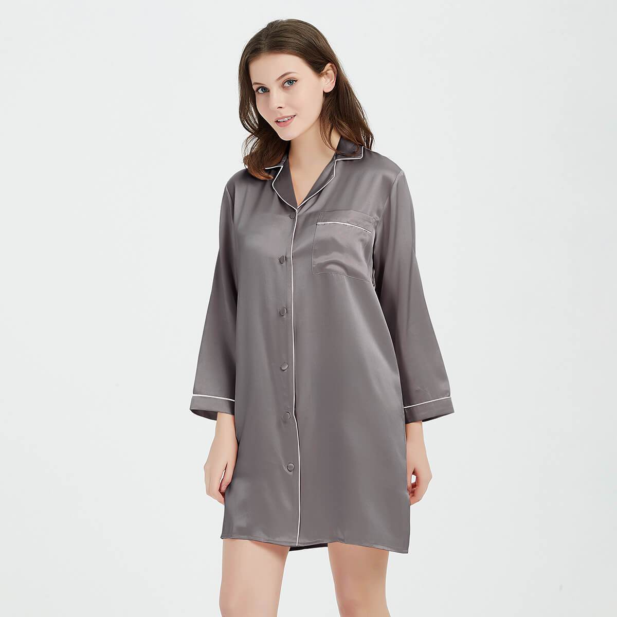  Womens Sleep Shirt Long Sleeve Sleepwear Silk Nightshirt  Button Down Pajama Top Violet S