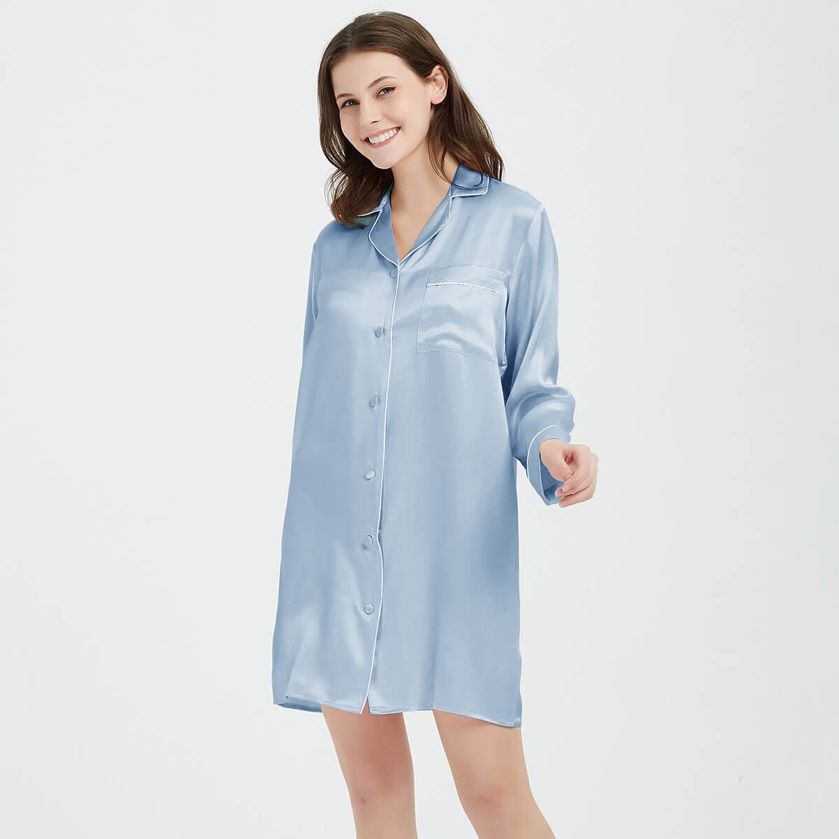 Women Sexy Satin Nightshirt Button Down V-Neck Sleepshirt Sleepwear Dress 