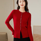 Women's Slim Fit Cashmere Cardigan Sweater Round Neck Button-Down Tops - slipintosoft