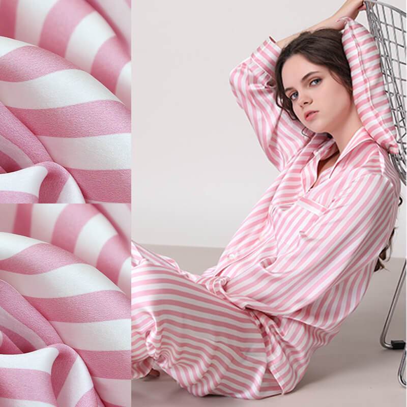Women's Classic Stripe Silk Sleepwear Luxury Long Sleeves Silk Pajamas Set