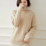 Women's Turtleneck Cashmere Sweater Cable Knit Sleeve Sweater Top - slipintosoft