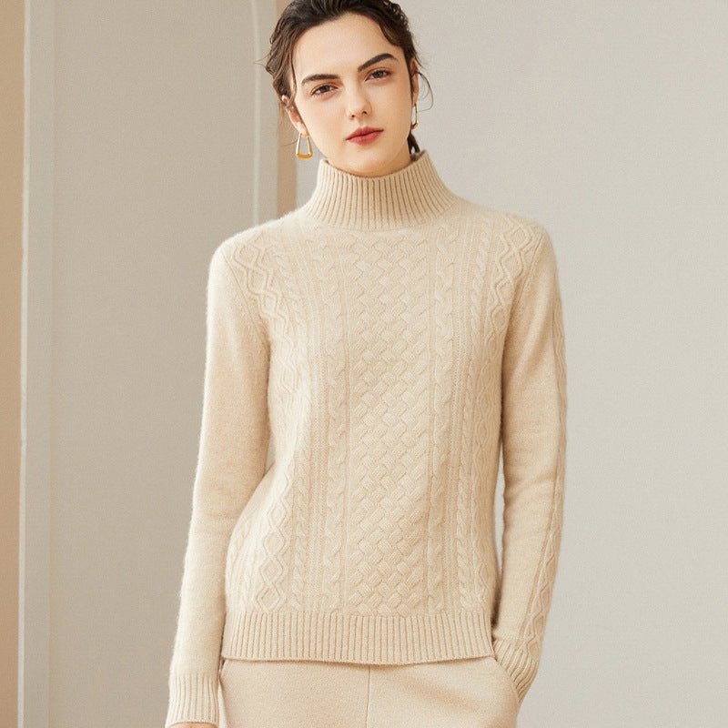 Women's Turtleneck Cashmere Sweater Slim Fit Cable-Knit Cashmere Pullover - slipintosoft