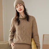 Women's Turtleneck Cashmere Sweater Solid Cable-Knitted Pullover Tops - slipintosoft