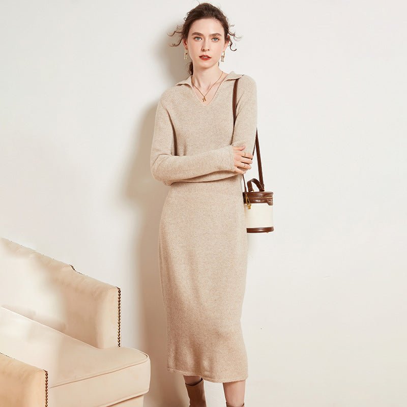 Women's V Neck Cashmere Dresses Tea Length Cashmere Waistband Midi Dresses - slipintosoft