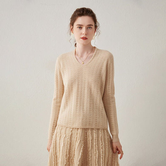 Women's V Neck Cashmere Sweater Basic Long Sleeve Solid Cashmere Pullover - slipintosoft