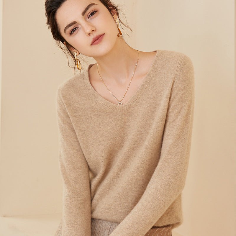Women's V-Neck Cashmere Sweater Classic Long Sleeve Warm Cashmere Sweater - slipintosoft